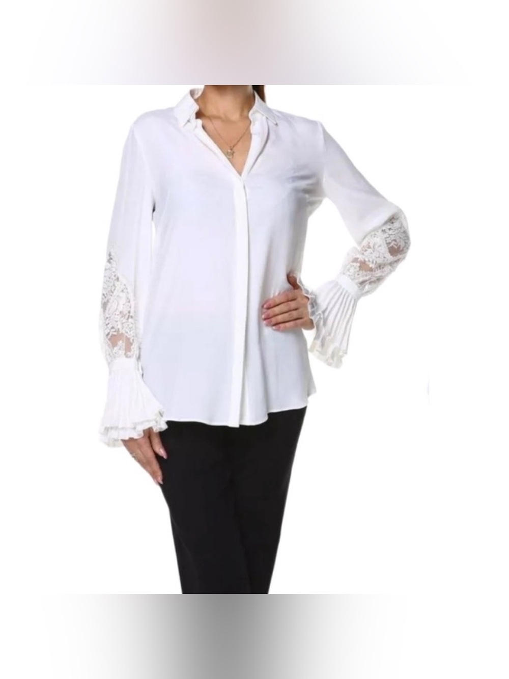 Euro MARIA GRAZIA SEVERI Lace Pleated Long Sleeve Silk Shirt
